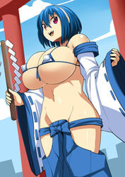  bare_shoulders bikini blue_hair breasts covered_nipples detached_sleeves female gohei headband highres huge_breasts japanese_clothes micro_bikini miko navel open_mouth original red_eyes rouzille short_hair solo swimsuit wide_sleeves 