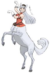  animal_ears bare_shoulders blunt_bangs bow bowtie breasts centaur commentary_request dress ear_covers female full_body gloves gold_ship_(umamusume) golshi&#039;s_first_place_pose grey_hair grin hat highres horse_ears horse_pose horse_tail long_hair looking_at_viewer medium_breasts monster_girl monsterification pillbox_hat purple_eyes rearing red_bow red_bowtie red_dress sidelocks sleeveless sleeveless_dress smile solo tail taur teeth translation_request umamusume white_gloves yatta-san 