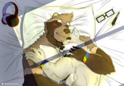  absurd_res anthro bed canid canine canis cuddling duo facial_hair furniture hi_res kuma_richards lgbt_pride male male/male mammal morning multicolored_wristband pride_color_accessory pride_color_wristband pride_colors raccoon_dog rainbow_pride_colors rainbow_symbol romantic romantic_couple six-stripe_rainbow_pride_colors sleeping_together tanuki wolf wristband 