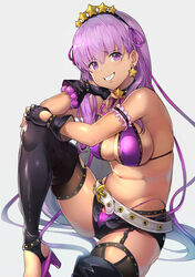  arm_garter bare_shoulders bb_(fate) bb_(swimsuit_mooncancer)_(fate) bb_(swimsuit_mooncancer)_(second_ascension)_(fate) bead_bracelet beads belt bikini black_garter_belt black_gloves black_shorts black_thighhighs blush bracelet breasts cleavage collarbone dark-skinned_female dark_skin earrings fate/grand_order fate_(series) female fingerless_gloves garter_belt gloves gradient_background grin hair_ornament hair_ribbon hairband jewelry knee_up large_breasts long_hair looking_at_viewer loose_belt micro_shorts navel neck_ribbon platform_footwear platform_heels purple_bikini purple_eyes purple_footwear purple_hair purple_ribbon ribbon shorts sitting smile star_(symbol) star_earrings star_hair_ornament studded_garter_belt sumisu_(mondo) swimsuit tan thighhighs thighs very_long_hair white_belt 