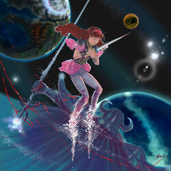  1980s_(style) 1boy absurdres alisa_landeel armor battle blood boots brown_hair cape character_request closed_eyes commentary cover dated disintegration english_commentary fake_cover fantasy female helmet highres horns injury lashic lens_flare long_hair magic nebula peannlui phantasy_star phantasy_star_i planet polearm praying realistic retro_artstyle science_fiction signature space starry_background sword trident uniform video_game_cover weapon 