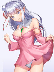  alternate_costume asymmetrical_breasts bad_id bad_pixiv_id bare_shoulders braid breasts commentary_request dress ebinomi emilia_(re:zero) female flower frown gem grey_background grey_hair hair_flower hair_ornament hair_ribbon highres large_breasts long_hair looking_at_viewer panties pink_dress pointy_ears purple_eyes re:zero_kara_hajimeru_isekai_seikatsu ribbon simple_background solo underwear white_flower white_panties x_hair_ornament 