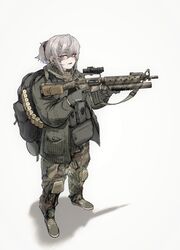  absurdres alma01 ar-15 assault_rifle backpack bag camouflage camouflage_pants female full_body grenade_launcher grey_hair gun gun_sling highres holding holding_weapon jacket looking_at_viewer m16 m16a2 m203 original pants ponytail pouch rifle scope shadow simple_background solo underbarrel_grenade_launcher weapon white_background woodland_camouflage 