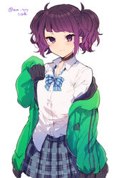  bad_id bad_twitter_id black_choker blue_bow blue_bowtie blue_skirt blunt_bangs blush bow bowtie choker closed_mouth collared_shirt cowboy_shot diagonal_bangs female green_jacket hand_up highres idolmaster idolmaster_shiny_colors ikeuchi_tanuma jacket long_sleeves looking_at_viewer off_shoulder open_clothes open_jacket plaid plaid_skirt pleated_skirt purple_eyes purple_hair school_uniform shirt short_hair simple_background skirt sleeves_past_fingers sleeves_past_wrists smile solo tanaka_mamimi twintails twitter_username untucked_shirt white_background white_shirt wing_collar 