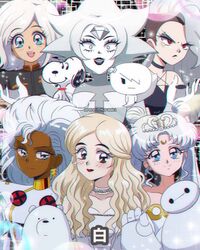  1990s_(style) 3boys 6+girls :d alice_in_wonderland animification annotated annoyed baymax big_hero_6 bishoujo_senshi_sailor_moon blonde_hair blue_eyes blush bodysuit brenni_murasaki brown_eyes carrie_krueger choker closed_mouth color_connection colored_skin commentary crossover dark-skinned_female dark_skin derivative_work dress earrings english_commentary eyeshadow frown ginormica grey_hair helluva_boss highres humanization ice_bear_(we_bare_bears) jewelry light_smile lightning_bolt_earrings lightning_bolt_symbol lipstick loona_(helluva_boss) makeup marvel monsters_vs._aliens multiple_boys multiple_crossover multiple_girls neo_queen_serenity open_mouth peanuts_(comic) red_eyes retro_artstyle robot serious smile snoopy steven_universe storm_(x-men) the_amazing_world_of_gumball tiara translated tsukino_usagi undercut very_dark_skin waving we_bare_bears white_diamond_(steven_universe) white_dress white_hair white_queen white_skin white_theme x-men 