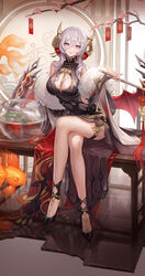  between_breasts black_dress breasts catherine_(masterwork_apocalypse) china_dress chinese_clothes chongning cleavage cleavage_cutout closed_mouth clothing_cutout commentary_request crossed_legs dress female fishbowl flower hair_between_eyes hair_bun hair_flower hair_ornament high_heels highres horns indoors koi large_breasts light_purple_hair looking_at_viewer low_wings masterwork_apocalypse nail_polish official_alternate_costume official_art pink_eyes pink_nails side_slit sidelocks single_hair_bun sitting smile solo thigh_strap wings 