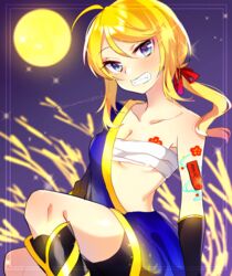  ame_(module) asymmetrical_clothes bare_shoulders blonde_hair blue_eyes blush breast_tattoo breasts chest_sarashi cleavage commentary female flower_tattoo full_moon grin hadanugi_dousa hair_ribbon head_tilt kagamine_rin kawahara_chisato knees_up light_particles looking_at_viewer moon night night_sky open_clothes ponytail project_diva_(series) ribbon sarashi shoulder_tattoo sidelocks sitting sky small_breasts smile solo tattoo variant_set vocaloid 