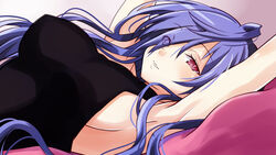  armpits blue_hair breasts female iris_heart iwashi_dorobou_-r- kami_jigen_game_neptune_v long_hair looking_at_viewer lying medium_breasts neptune_(series) on_back power_symbol power_symbol-shaped_pupils red_eyes smile solo symbol-shaped_pupils very_long_hair 