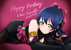  birthday black_dress black_gloves black_pantyhose blue_hair breast_cutout character_name commentary_request dated dress elbow_gloves english_text female gloves gun hair_ribbon handgun happy_birthday headset highres holding holding_gun holding_weapon long_hair looking_at_viewer love_live! love_live!_school_idol_project lying noochan_chonoda pantyhose red_background ribbon simple_background soldier_game solo sonoda_umi swept_bangs thighband_pantyhose weapon yellow_eyes 