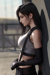  against_wall black_hair breasts crop_top earrings elbow_gloves english_commentary female final_fantasy final_fantasy_vii final_fantasy_vii_remake from_side gloves highres jewelry large_breasts long_hair low-tied_long_hair midriff miura-n315 skirt solo suspender_skirt suspenders tank_top tifa_lockhart white_tank_top 