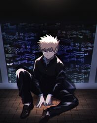  akiyama_(noconoco) bag bakugou_katsuki black_pants blonde_hair boku_no_hero_academia cityscape gakuran indoors loafers looking_at_viewer male_focus night no-show_socks on_floor pants parquet_floor red_eyes school_bag school_uniform shirt shoes short_hair sitting skyline spiked_hair white_shirt window 