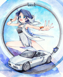  beat_(hi_fumiyo) blue_eyes blue_hair bracelet breasts car female grey_jacket grey_leotard hi_fumiyo highres honda honda_beat hood hood_down hooded_jacket jacket jewelry leotard looking_at_viewer motor_vehicle open_hands open_mouth original personification running side-view_mirror signature sleeveless sleeveless_jacket small_breasts smile solo spoiler_(automobile) traditional_media vehicle_and_personification 