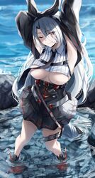  absurdly_long_hair absurdres armpits arms_behind_head arms_up azur_lane bad_id bad_twitter_id black_footwear black_necktie black_ribbon black_skirt black_sleeves braid breasts closed_mouth detached_sleeves female hair_ornament hair_ribbon highres jacket large_breasts long_hair looking_at_viewer necktie nicky_w one_eye_closed prinz_heinrich_(azur_lane) red_eyes ribbon skirt solo standing thigh_strap underboob very_long_hair wading water white_hair 