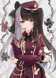  absurdres akagikou black_bow black_hair blurry blurry_background bow brown_dress brown_hat chains club_(shape) commentary depth_of_field diamond_(shape) dress female frilled_sleeves frills grey_background grey_hair hairbow hat headset heart highres juliet_sleeves long_sleeves looking_at_viewer multicolored_hair nijisanji parted_lips peaked_cap puffy_sleeves red_eyes red_hair sidelocks sleeves_past_wrists smile solo spade_(shape) split-color_hair streaked_hair two-tone_hair two_side_up virtual_youtuber yorumi_rena yorumi_rena_(2nd_costume) 