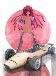  arm_behind_back black_thighhighs brown_shirt car eyepatch female floating_hair formula_one formula_racer garter_straps hi_fumiyo highres honda honda_ra270 long_hair motor_vehicle one_eye_covered open_mouth original personification race_vehicle racecar red_hair shadow shirt signature smile solo thighhighs traditional_media vehicle_and_personification vehicle_focus very_long_hair 