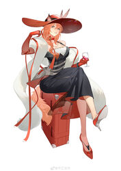  absurdres animal_ears arknights bare_shoulders black_dress blue_eyes cat_ears cat_tail chinese_commentary commentary_request crossed_legs cup dress drinking_glass ears_through_headwear elbow_gloves feather_boa female gloves hand_up heidi_(arknights) high_heels highres holding holding_cup infection_monitor_(arknights) long_hair looking_at_viewer parted_lips pink_hair red_footwear red_gloves red_headwear simple_background sitting solo tail white_background wine_glass ziyiganmu 