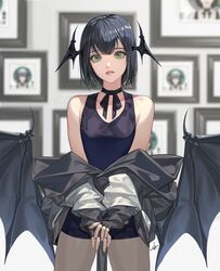  absurdres akma bare_shoulders black_choker black_dress black_gloves black_hair black_jacket black_ribbon blurry blurry_background choker cowboy_shot daeho_cha demon_wings dress female fingerless_gloves gloves green_eyes head_wings highres holding jacket low_wings parted_lips ribbon ribbon_choker short_dress short_hair solo teeth white_jacket wings 