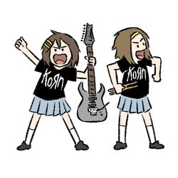  2girls 7-string_guitar :d band_shirt black_shirt blue_skirt brown_footwear brown_hair clothes_writing drumsticks electric_guitar full_body guitar hair_ornament hairband hairclip heavy_metal hirasawa_yui holding holding_instrument instrument k-on! korn_(band) legs_apart looking_at_viewer merchandise multiple_girls open_mouth pleated_skirt pun shirt short_hair short_sleeves simple_background skirt smile socks standing tainaka_ritsu truffleduster white_background white_legwear yellow_hairband 