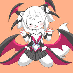  1:1 anthro bat_wings blush canid canine canis closed_eyes clothed clothing costume cygames domestic_dog feanie_(world_flipper) female fur hair halloween holidays kneeling mammal membrane_(anatomy) membranous_wings midriff open_mouth open_smile orange_background paws simple_background skin_fang smile solo tabon white_body white_fur white_hair wings world_flipper young young_anthro young_female 