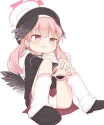  ayanepuna beret between_legs black_footwear black_hat black_jacket black_wings blue_archive brown_skirt commentary_request feathered_wings female halo hand_between_legs hat head_wings highres jacket kneehighs koharu_(blue_archive) loose_socks low_wings off_shoulder panties pantyshot parted_lips pink_eyes pink_hair pleated_skirt shoes simple_background skirt socks solo twintails underwear wavy_mouth white_background white_panties white_socks wings 