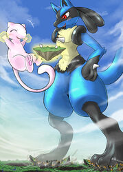  2023 3_fingers anthro atmosphere atmospheric_perspective blush closed_eyes cloud death_count destruction digital_media_(artwork) duo fingers floating flying generation_1_pokemon generation_4_pokemon hi_res landscape_dwarfing legendary_pokemon levitation lucario macro male mew_(pokemon) nekojyaras77 nintendo open_mouth pokemon pokemon_(species) sky tail telekinesis 