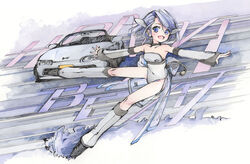  beat_(hi_fumiyo) blue_eyes blue_hair breasts cable cable_tail car collarbone convertible covered_navel detached_sleeves female grey_footwear grey_leotard hair_behind_ear hi_fumiyo highres honda honda_beat inline_skates leotard looking_at_viewer mechanical_tail motor_vehicle open_hands open_mouth original personification roller_skates short_hair skates skating sleeves_past_wrists small_breasts smile smoke solo sports_car tail traditional_media vehicle_and_personification vehicle_name 