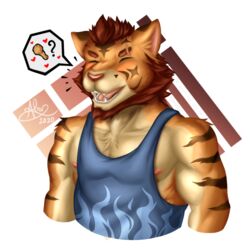  1:1 after_class anthro blush brown_hair chicken_meat closed_eyes clothed clothing dusk-mooncrest felid food hair happy heart_symbol lars_(after_class) male mammal meat muscular muscular_anthro muscular_male nipples pantherine scar shirt solo stripes tank_top tiger topwear 