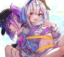  2girls akieda amane_kanata baseball_cap bibi_(tokoyami_towa) blue_eyes blue_hair blush bondage bondage bound breasts colored_inner_hair demon_girl demon_tail ear_piercing green_eyes hair_ornament hairclip halo hat hololive long_hair long_sleeves looking_at_viewer multicolored_hair multiple_girls navel open_mouth orio_(hololive) piercing purple_hair ribbon short_hair sidelocks small_breasts smile streaked_hair tail tokoyami_towa tokoyami_towa_(1st_costume) twintails virtual_youtuber white_hair 