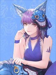  animal_ears bare_arms bare_shoulders blue_background blue_nails brown_eyes choker collarbone daeho_cha dress female fox_ears grin hand_up highres lips long_hair looking_at_viewer mask mask_on_head nail_polish original pink_hair purple_choker purple_dress signature smile solo tattoo teeth_print 