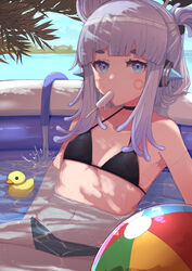  and_uge android armpits ball bare_shoulders beachball bikini black_bikini black_choker blue_eyes breasts choker commentary day dripping facial_mark female folded_ponytail food goten_(510gensoku) halterneck highres hose long_hair looking_at_viewer mechanical_ears mouth_hold nanashi_inc. navel outdoors popsicle rubber_duck small_breasts solo stomach string_bikini sunlight swimsuit thick_eyebrows v_ap_art virtual_youtuber wading_pool water white_hair 