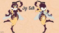  16:9 4_arms absurd_res ailaanne antennae_(anatomy) anthro arthropod bee blue_eyes female hi_res honey_bee hymenopteran insects jiji_seti model_sheet multi_arm multi_limb neck_tuft nude smile solo stripes tuft widescreen wings 