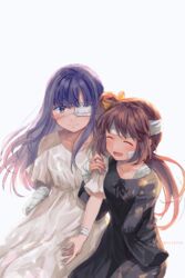  2girls ^_^ ^o^ amputee bandages blue_eyes blue_hair brown_hair closed_eyes eyepatch highres magia_record:_mahou_shoujo_madoka_magica_gaiden mahou_shoujo_madoka_magica medical_eyepatch missing_limb multiple_girls nanami_yachiyo ribbon side_ponytail smile totte yui_tsuruno 