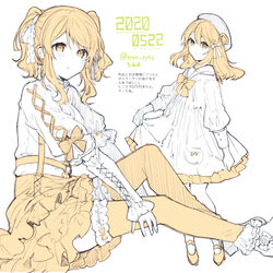  2020 2girls beret blouse bow bridal_garter commentary_request dated dress flower frilled_skirt frills hair_ribbon hat high-waist_skirt ikeuchi_tanuma long_sleeves looking_at_viewer monochrome multiple_girls orange_theme original parted_lips ribbon rose shirt simple_background sitting skirt thighhighs tino_(ikeuchi_tanuma) twintails twitter_username white_background 