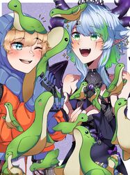  2girls absurdres akasukiane04 animification apex_legends apricot_the_lich apricot_the_lich_(1st_costume) blonde_hair blue_eyes commentary demon_girl demon_horns demon_wings earrings english_commentary fangs gloves green_eyes green_hair highres horns jewelry looking_at_another multiple_girls multiple_horns nessie_(respawn) one_eye_closed open_mouth pointy_ears slit_pupils smile teeth tongue twitter_username virtual_youtuber vshojo watermark wattson_(apex_legends) wings 