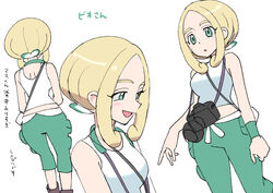  back bare_arms bare_shoulders blonde_hair blush breasts camera capri_pants crop_top female green_eyes green_pants large_breasts midriff multiple_views nibo_(att_130) open_mouth pants parted_bangs pokemon pokemon_xy shirt sidelocks sleeveless sleeveless_shirt tank_top thick_eyebrows viola_(pokemon) white_background wristband 