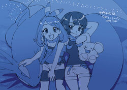  2girls arms_behind_head bare_arms bare_shoulders bike_shorts blue_theme bow_hairband hairband looking_up may_(pokemon) monochrome multiple_girls nibo_(att_130) one-hour_drawing_challenge open_mouth pokemon pokemon_(creature) pokemon_adventures salamence shirt shorts sleeveless sleeveless_shirt smile whismur zinnia_(pokemon) 