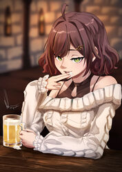  absurdres alcohol beer beer_mug blurry blurry_background breasts brown_hair collarbone cream cream_on_face cup doyagao eyebrows_hidden_by_hair female food food_on_face green_eyes grey_sweater hair_ornament half-closed_eyes halterneck highres holding holding_cup medium_breasts medium_hair miori_celesta miori_celesta_(2nd_costume) mug musical_note musical_note_hair_ornament off-shoulder_sweater off_shoulder smile smug solo sweater tagcaat treble_clef tsunderia virtual_youtuber 