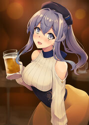  alcohol bare_shoulders beer beer_mug black_hat blue_eyes blue_hair blush breasts cup female gotland_(kancolle) hair_between_eyes hat highres holding holding_cup kantai_collection kodama_(mmt_uf) large_breasts long_hair long_skirt long_sleeves looking_at_viewer mole mole_under_eye mug official_alternate_costume open_mouth shirt skirt smile solo white_shirt yellow_skirt 