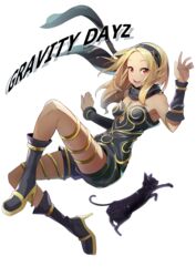  absurdres black_leotard black_scarf blonde_hair copyright_name dusty_(gravity_daze) feline female gold_footwear gravity_daze high_heels highres kitten_(gravity_daze) leotard medium_hair open_hand open_mouth red_eyes scarf shirowa smile solo thigh_strap vambraces 