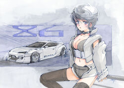  black_bra black_choker black_shorts black_thighhighs blue_eyes blush bra breasts car choker detached_sleeves female grey_vest hair_behind_ear hi_fumiyo highres looking_at_viewer looking_to_the_side motor_vehicle open_mouth original personification short_hair shorts sitting sleeveless sleeveless_jacket sleeves_past_wrists solo sports_car thighhighs toyota toyota_86 traditional_media underwear vehicle_and_personification vest 