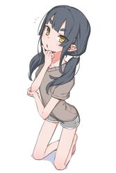  :o akari_(raigou) bad_anatomy barefoot black_hair blunt_bangs blush brown_shirt female finger_to_own_chin full_body grey_shorts head_rest kneeling long_hair looking_at_viewer notice_lines original parted_lips pointy_ears raigou shadow shirt short_sleeves shorts simple_background solo thick_eyebrows thinking twintails white_background yellow_eyes 