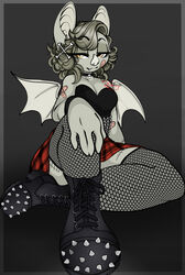  2018 angelface anthro band-aid bandage bat boots bottomwear breasts cleavage clothed clothing collar female fishnet_clothing fishnet_legwear footwear hi_res legwear looking_at_viewer mammal membrane_(anatomy) membranous_wings scar sitting skirt spikes wings 