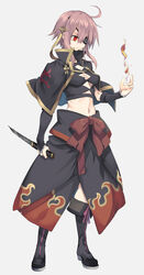  10mo ahoge argyle_cutout arm_at_side black_capelet black_footwear boots bow breasts bridal_gauntlets brown_hair capelet cleavage clothing_cutout commentary dagger eyepatch female fire flame_print fudou_yukimitsu_(tenka_hyakken) full_body grey_background highres holding holding_weapon knee_boots knife medium_breasts navel red_bow simple_background solo standing stomach tenka_hyakken torn_bow weapon 