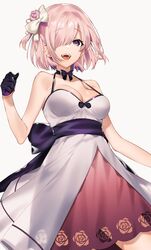  :d bare_shoulders blush breasts choker cleavage collarbone dress fate/grand_order fate_(series) female floral_print gloves hair_ornament hair_over_one_eye highres large_breasts light_purple_hair looking_at_viewer mash_kyrielight mash_kyrielight_(fgo_x_takarazuka_kinen) official_alternate_costume open_mouth purple_eyes purple_gloves purple_skirt rose_print sash short_hair simple_background sino42 skirt smile teeth upper_teeth_only white_background white_dress 