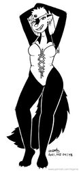  2021 anthro black_and_white breasts cleavage clothed clothing ear_piercing ear_ring female fur greyscale grin hair hand_on_head kelly_o&#039;dor mammal mephitid monochrome one-piece_swimsuit piercing pinup pose ring_piercing skunk smile solo standing swimwear tail teeth tegerio zandar&#039;s_saga 