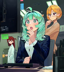  3girls :o ahoge aqua_eyes aqua_hair blazer blonde_hair blush bra bra_peek breasts bright_pupils button_gap cleavage collared_shirt computer_keyboard diffraction_spikes english_commentary glasses highres hipa_(some1else45) horns indoors jacket lab_coat long_sleeves looking_at_screen medium_breasts monitor multiple_girls nahia_(some1else45) office office_lady original red_hair sekoshi_(some1else45) shirt short_hair sitting smile some1else45 sparkle underwear white_shirt 