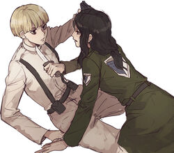  2girls androgynous at_gunpoint at_knifepoint bad_id bad_link bad_twitter_id bags_under_eyes black_eyes black_hair blonde_hair bowl_cut coat dagger green_coat gun half-closed_eyes highres knife long_hair long_sleeves marley_military_uniform military military_uniform multiple_girls paradis_military_uniform pi0w0pi pieck_finger reverse_trap shingeki_no_kyojin short_hair survey_corps_(emblem) suspenders tied_hair uniform wavy_hair weapon yelena_(shingeki_no_kyojin) yuri 