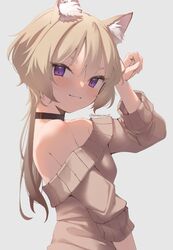  :3 animal_ears bare_shoulders blonde_hair blue_background blush breasts cat_ears choker female long_hair looking_at_viewer original paw_pose purple_eyes simple_background skeptycally smile solo sweater 