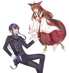  1boy animal_ears aoi_(shiroihako_) bad_id bad_twitter_id black_jacket black_pants book brown_eyes brown_hair eyeshadow female floating fox_ears fox_girl fumi_(1st_costume)_(nijisanji) fumi_(nijisanji) gloves grey_eyes highres holding holding_book jacket japanese_clothes kimono looking_down makeup nagao_kei nagao_kei_(1st_costume) necktie nijisanji pants purple_necktie red_eyeshadow red_skirt skirt surprised tail virtual_youtuber white_background white_gloves white_kimono 