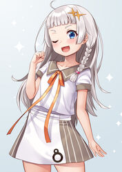  ;d a.i._voice ahoge blue_eyes blunt_bangs blush braid collarbone commentary_request female gradient_background grey_background grey_hair grey_sailor_collar grey_skirt hair_ornament hand_up highres kizuna_akari kizuna_akari_(tsubomi) long_hair one_eye_closed sailor_collar shirt short_sleeves side_braid single_braid skirt smile solo sparkle striped_clothes striped_skirt tenneko_yuuri thick_eyebrows vertical-striped_clothes vertical-striped_skirt very_long_hair voiceroid white_shirt 